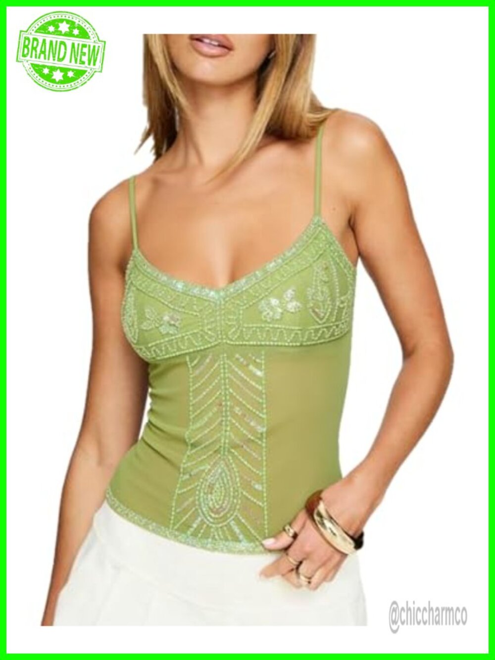 Sequin Beaded Sheer Mesh Cami Tank Top Spaghetti Strap Y2K Corset Party